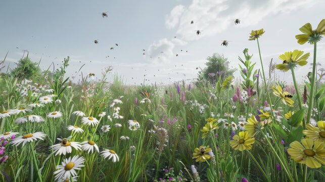 Bees buzz vibrantly among a diverse array of wildflowers, painting a picture of a healthy, flourishing ecosystem.
