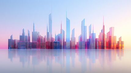 A city skyline is reflected in the water. The city is a mix of tall buildings and a small island. The sky is blue and the water is calm