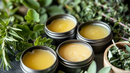 Intimate close-up of homemade herbal salves in metal tins, displayed with an assortment of aromatic herbs, showcasing organic self-care. - obrazy, fototapety, plakaty