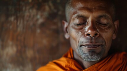 An intimate portrait of a monk deeply immersed in meditation, his eyes closed in a moment of profound peace and contemplation.