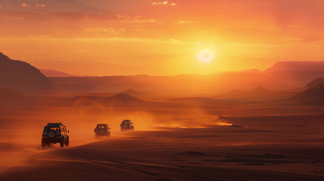 A convoy of off road vehicles kicking up dust as they navigate through a desert at sunset offering tourists an exhilarating adventure
