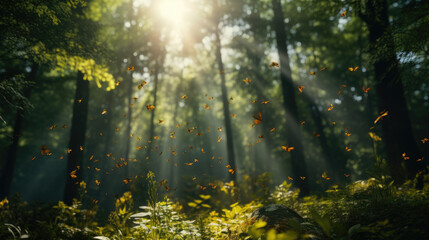 Sunlight in the forest with tiny glowing insects flying against the sun. Beautiful summer spring floral natural panorama scenery. - obrazy, fototapety, plakaty