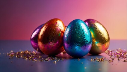 Metallic holographic painted Easter eggs on gradient background with copy space. AI generated