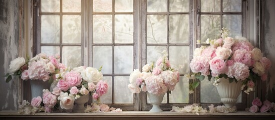 The window sill is adorned with numerous vases filled with colorful flowers, adding a touch of...