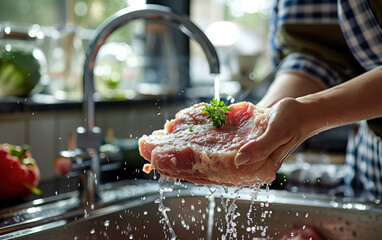 Cleaning raw meat at kitchen faucet,created with Generative AI tecnology.