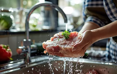 Foto op Plexiglas Cleaning raw meat at kitchen faucet,created with Generative AI tecnology. © henvryfo