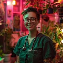 International nurse, blending Gospel with grow light healing, in a Quincy punk and geek culture, thriving in a postapocalyptic sanctuary no splash