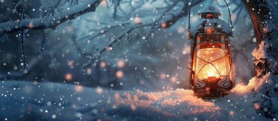 A glass lantern is nestled in the snow in a forest, illuminated by a flickering light. The drizzle adds a touch of magic to the wintry scene