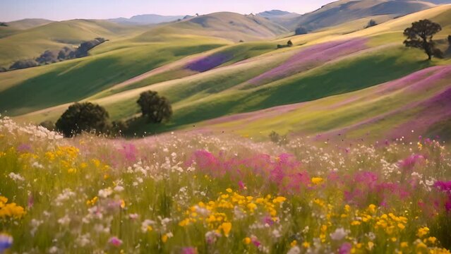 A beautiful landscape of rolling hills covered in colorful wildflowers
