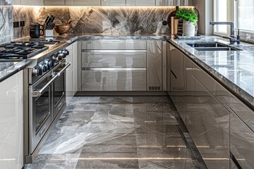 Luxury Stainless Steel Kitchen, Diagonal Marble View