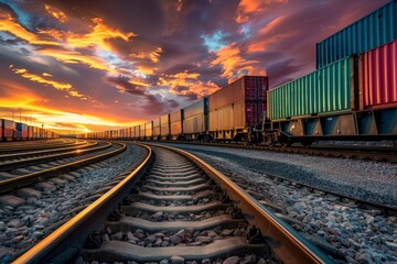 Fototapeta premium Twilight Cargo Movement: Freight Train on the Horizon