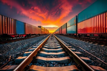 Fototapeta premium Sunset Freight Train: A Vivid Journey on Tracks