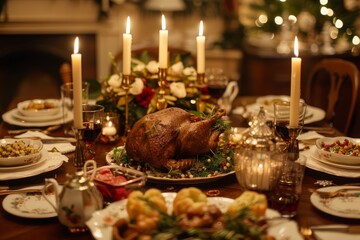 Fototapeta na wymiar Festive Dinner Table: Roasted Turkey with Candles and Decor