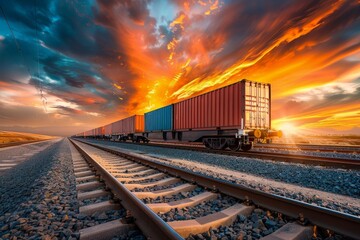 Fototapeta na wymiar Industrial Sunset: Cargo Train and Colorful Containers