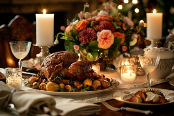 Holiday Dinner Ambience: Candlelit Table with Roast Turkey