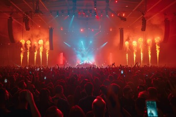Fototapeta na wymiar Live Concert Experience Through Smartphone Screens, Intense Red Atmosphere