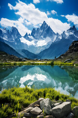 Fototapeta na wymiar Reflection in Water: Unparalleled Natural Splendor of Imposing Mountains, Tranquil Lake, and Verdant Flora