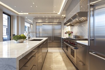 Streamlined Kitchen Design: Immaculate Marble Surfaces and Advanced Appliances