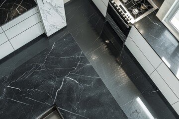 Minimalist Kitchen Design with Black Marble Countertops, Aerial View