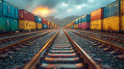 Freight train journey, detailed imagery of diverse cargo, highlighting the robustness and efficiency of rail logistics, style cyan and yellow, cinematic tone