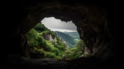 a view through a cave into the mountain