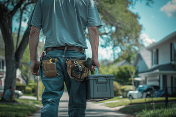A muscular plumber carrying a toolbox in a residential neighborhood. - obrazy, fototapety, plakaty
