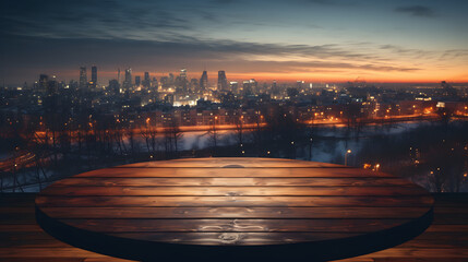 a wooden table on the backdrop of the city lights at night in winter - obrazy, fototapety, plakaty