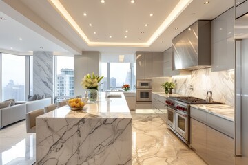 Expansive Modern Kitchen View with Gleaming Marble and Stainless Finishes