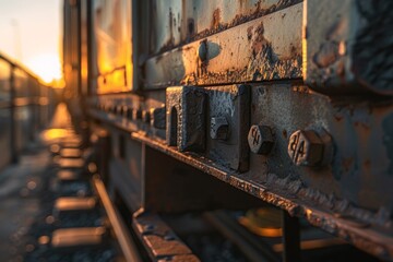 Sunlit Railway Detail: Macro View of Train Wheel and Coupler