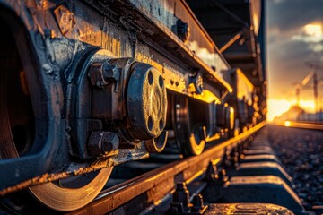 Golden Hour Train Coupling: Close-Up on Tracks at Sunset - obrazy, fototapety, plakaty