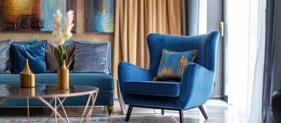 The living room features azure and purple furniture including a blue couch, chair, and glass coffee table. A plant sits by the window in this stylish interior design