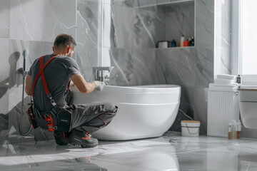 A muscular plumber installing a bathtub in a modern bathroom.