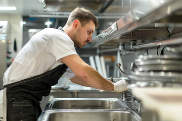 A muscular plumber working in a commercial kitchen, installing a new sink
