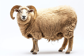 Portrait full body shot of male sheep or ram standing in front of white background. eid adha...