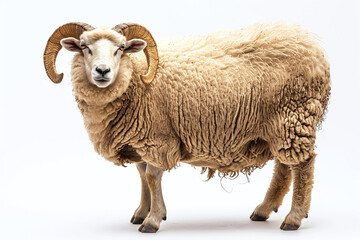 Portrait full body shot of male sheep or ram standing in front of white background. eid adha sacrificed animal in muslim belief.