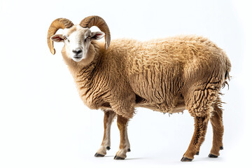 Portrait full body shot of male sheep or ram standing in front of white background. eid adha...