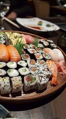 Japanese food - Sushi and rolls in a restaurant, close up