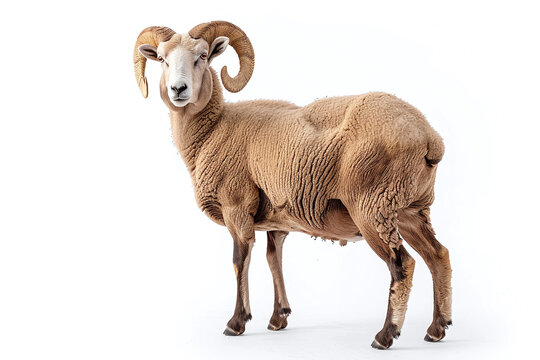 Portrait full body shot of male sheep or ram standing in front of white background. eid adha sacrificed animal in muslim belief.