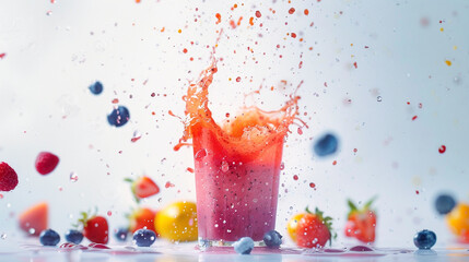 A vibrant berry smoothie erupting in a splash on a pristine white surface, with colorful droplets...