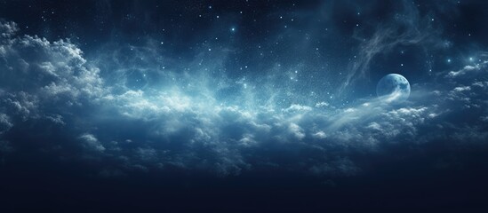 Fototapeta premium A galaxy twinkles in the midnight sky with a crescent moon in the background, casting an electric blue hue over the waters horizon among cumulus clouds