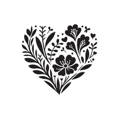 Floral Heart Silhouette Vector: Romantic Symbol of Love and Nature's Beauty in Elegant Form-Floral heart vector stock.