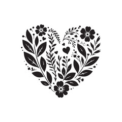 Floral Heart Silhouette Vector: Romantic Symbol of Love and Nature's Beauty in Elegant Form-Floral heart vector stock.