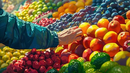 A Shopper's Hand Reaches Out to Select Ripe Fruits from a Vibrant Display at a Bustling Farmer's Market - obrazy, fototapety, plakaty