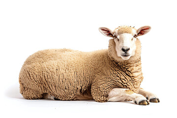 Portrait full body shot of sheep sitting in front of white background. eid adha sacrificed animal in muslim belief.