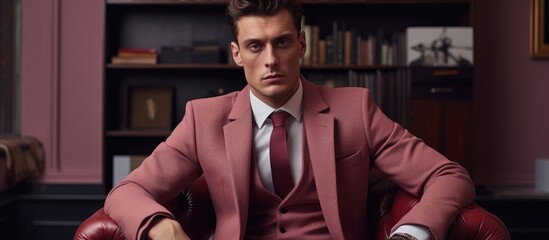 A man in a pink suit and tie sits in a chair, his jaw clenched as he leans back with a confident gesture. His muscles tense under the formal wear, his thumb tapping on a shelf in the building - Powered by Adobe