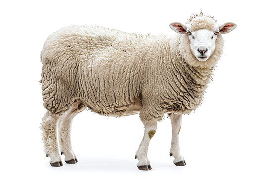 Portrait full body shot of sheep or ram sitting in front of white background. eid adha sacrificed animal in muslim belief.