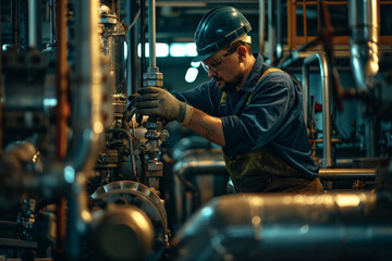 A muscular plumber working in a factory, maintaining industrial plumbing systems.