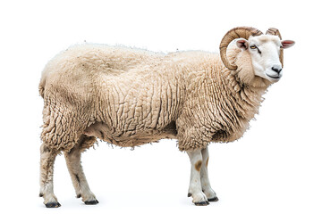 Portrait full body shot of sheep or ram sitting in front of white background. eid adha sacrificed...