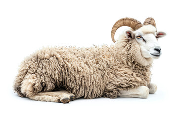 Portrait full body shot of male sheep or ram sitting in front of white background. eid adha...
