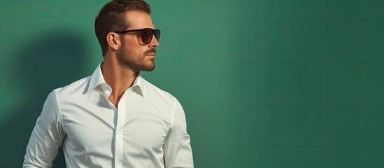 A man wearing a white shirt and sunglasses is standing casually in front of a vibrant green wall